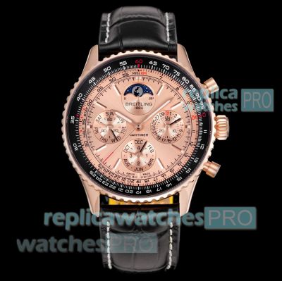V9 Swiss Replica Breitling Navitimer B19 Rose Gold Case Leather Strap Watch 